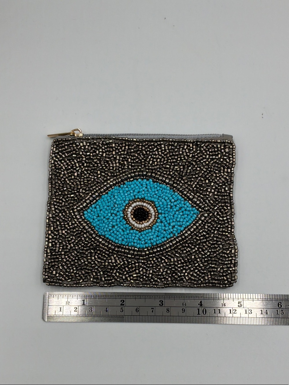 Hand-Beaded Evil Eye Pouch - Turquoise/Grey - Picture 2 of 3